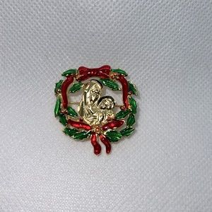 VINTAGE CHRISTMAS ENAMELED PIN MARY & JESUS WITH SHINY POINSETTIAS & RED RIBBON